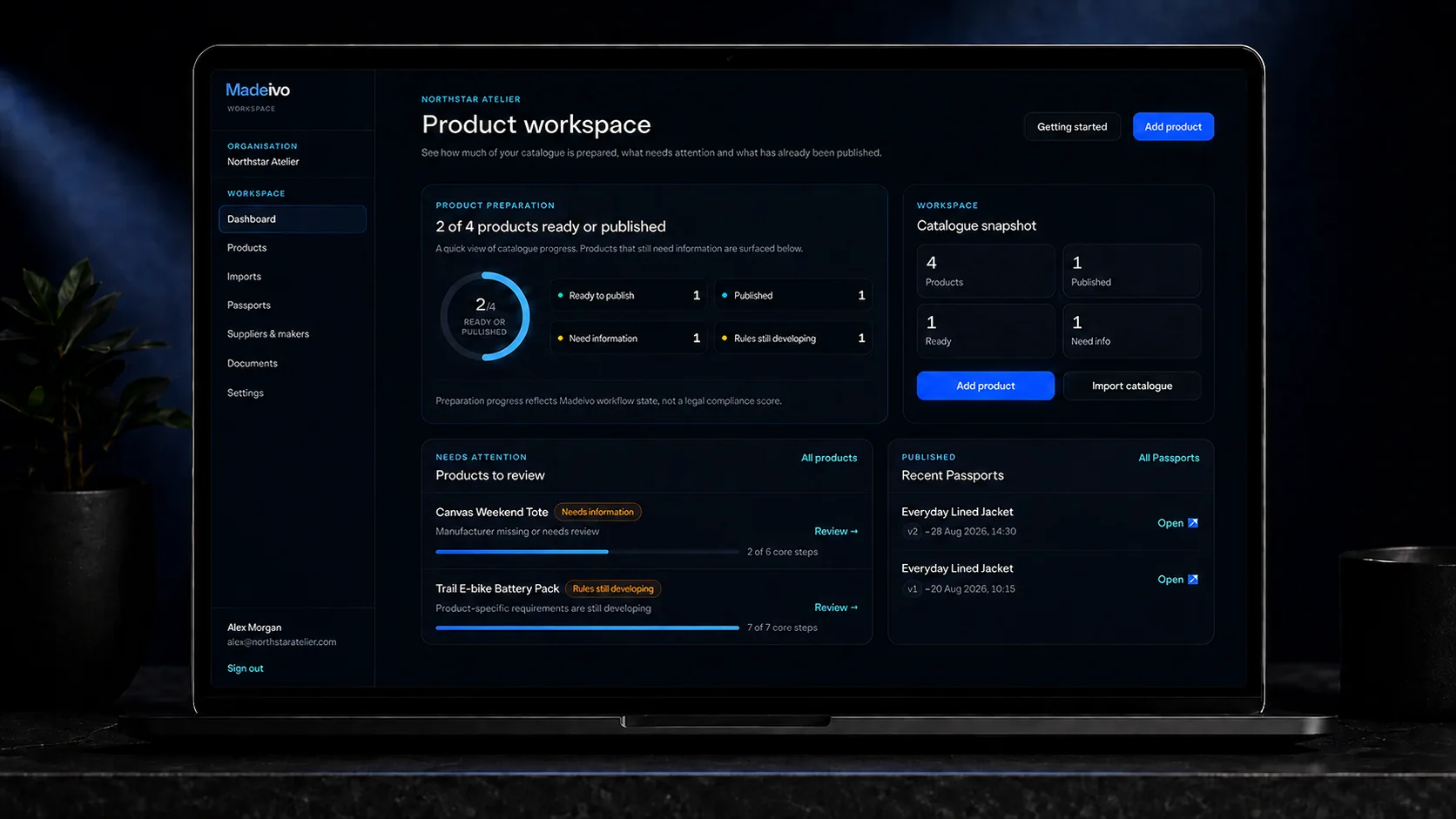 Madeivo product workspace showing catalogue readiness and recent Digital Product Passports.