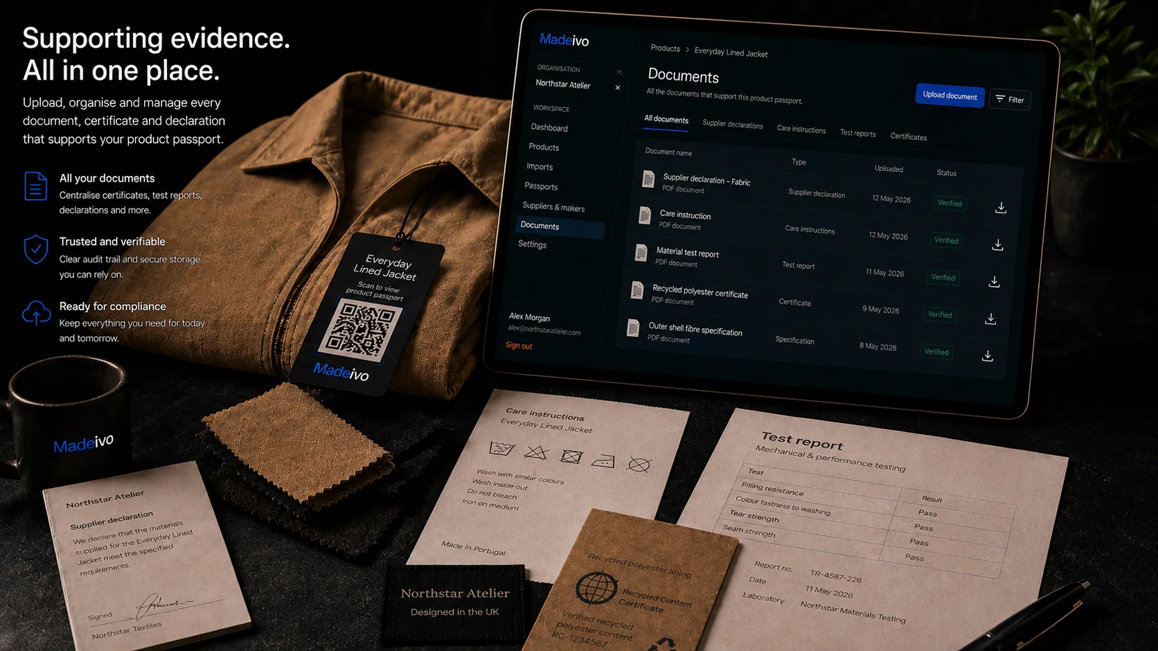 Madeivo documents workspace with supplier declarations, care instructions, test reports and recycled-content evidence.